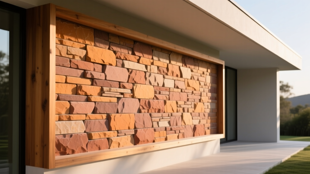 Mortarless polymer stacked stone veneer panels in warm earth tones installed on a modern exterior wood-framed accent wall