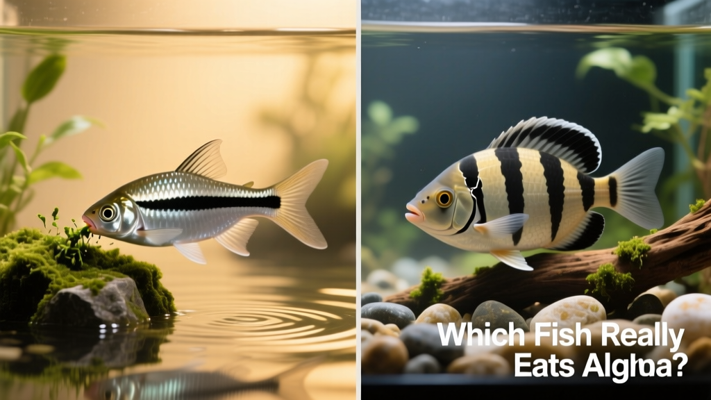 Side-by-side comparison showing true Siamese algae-eater with continuous black stripe versus flying fox with broken stripe and banded fins