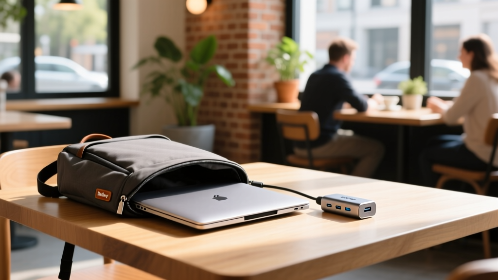 Packing a Bellroy slim laptop sleeve and Anker 341 USB-C hub into a compact 15-liter everyday carry backpack at a sunlit coffee shop table