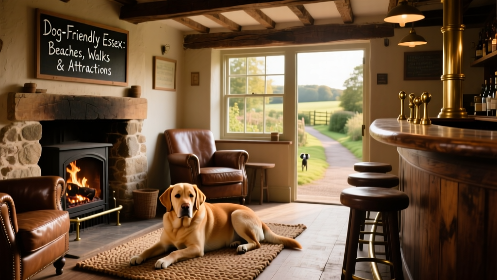 Rustic interior of a dog-friendly Essex pub with a dog resting near a fireplace