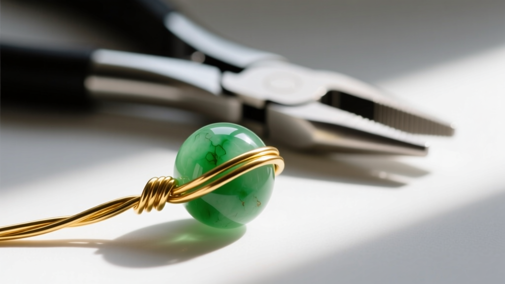 Macro shot of 20-gauge gold wire looped through a green jade bead, with jewelry pliers resting softly in the blurred background.