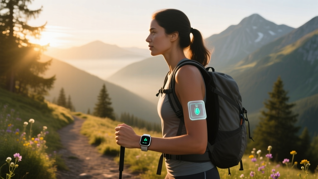 Woman hiking on a sunlit mountain trail wearing a smartwatch and UV tracking patch on her wrist, checking hydration levels