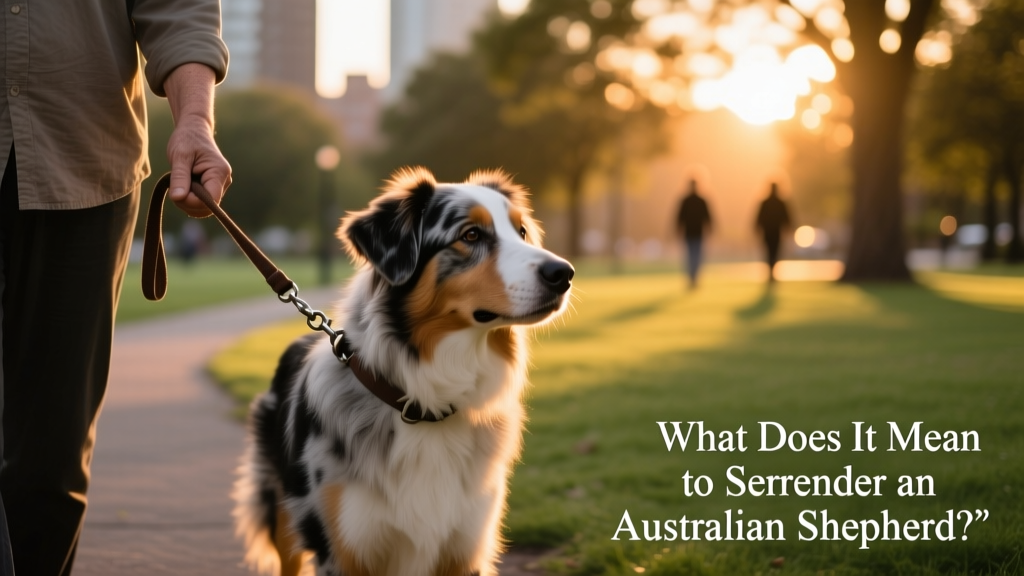 A person gently holding the leash of a relaxed Australian Shepherd during a quiet park walk at sunset