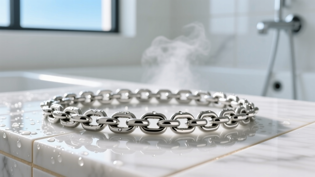 Close-up of a polished 316L stainless steel Cuban link chain resting on wet white marble bathroom tiles under soft morning light