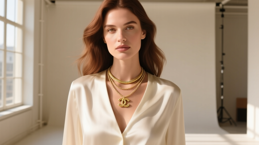 Woman wearing a layered necklace stack featuring a delicate gold CC pendant mixed with minimalist snake chains over a silk blouse.