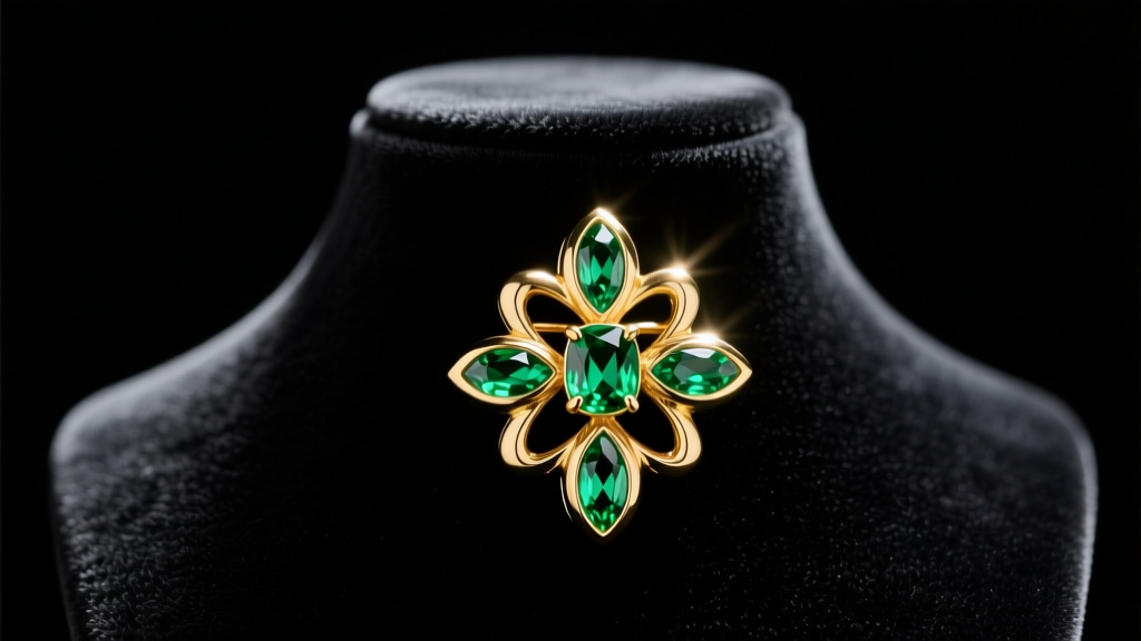 Close-up of gold and green Potara earring replica on a black velvet display bust, illuminated by dramatic studio lighting.