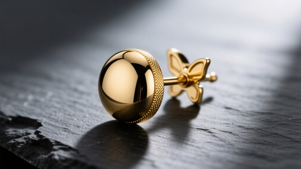 Macro shot of a polished 14k gold domed button earring on dark slate, highlighting the laser-welded post and butterfly clutch.