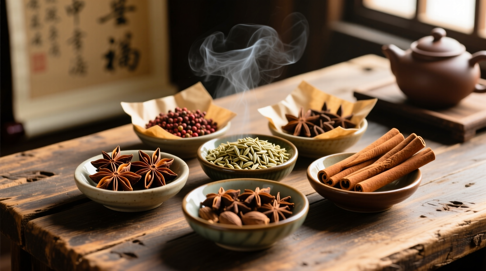 Five individual spices in Chinese five-spice blend on wooden table