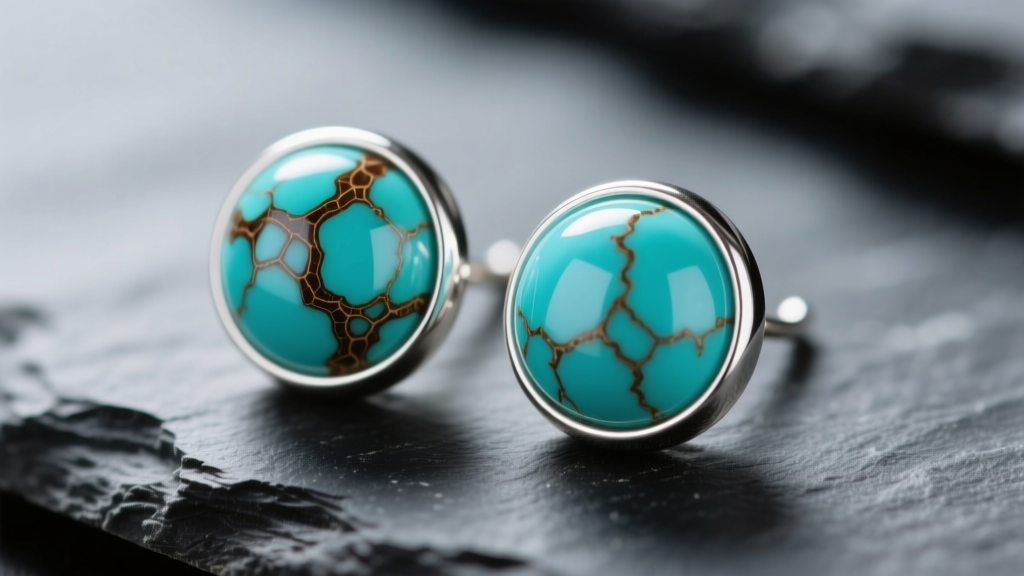 Macro shot of natural turquoise ball earrings in sterling silver bezels on dark slate, showing intricate brown matrix webbing.