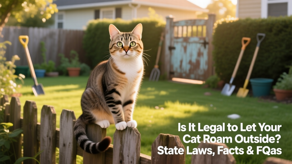 A curious domestic cat sitting on a sunlit backyard fence, looking alert but relaxed