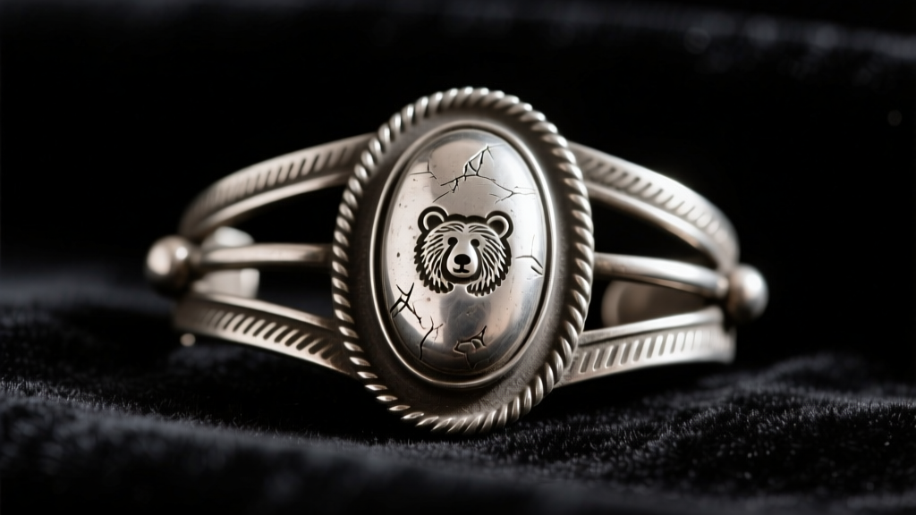 Macro photo of a vintage Navajo sterling silver squash blossom clasp showing a worn, hand-struck bear hallmark against dark velvet