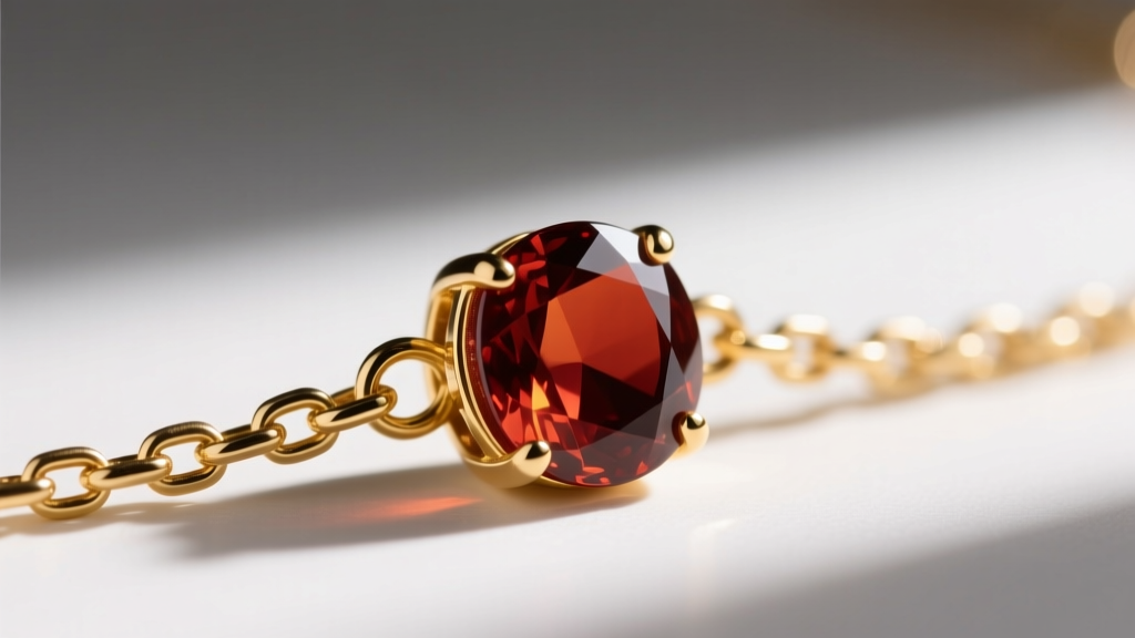 Macro shot of a 1.5mm 14k yellow gold box chain attached to a polished carnelian cabochon bezel setting via secure jump rings