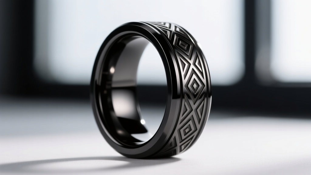 Macro view of a black PVD steel ring, showing precise laser-engraved geometric patterns on a polished, curved metal surface.