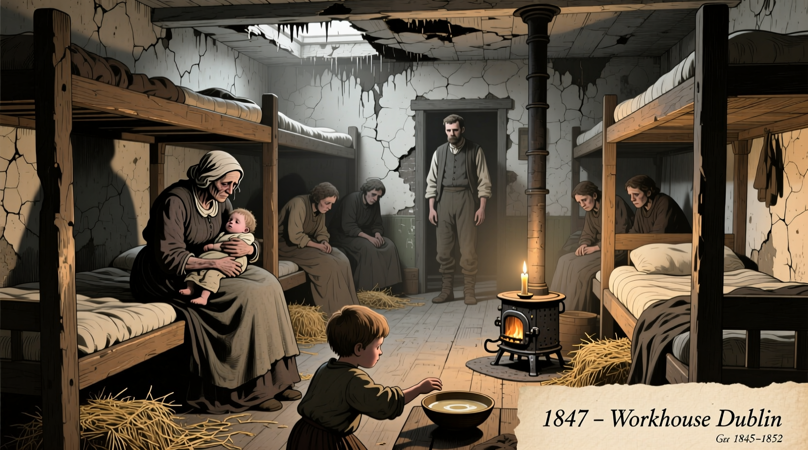 Historical illustration of Irish potato famine workhouse conditions