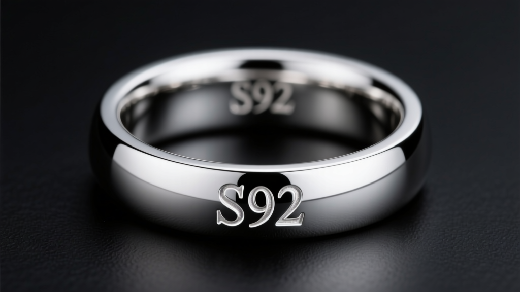 Macro shot of a crisp s925 hallmark stamped inside a polished sterling silver ring band under soft, directional studio lighting.