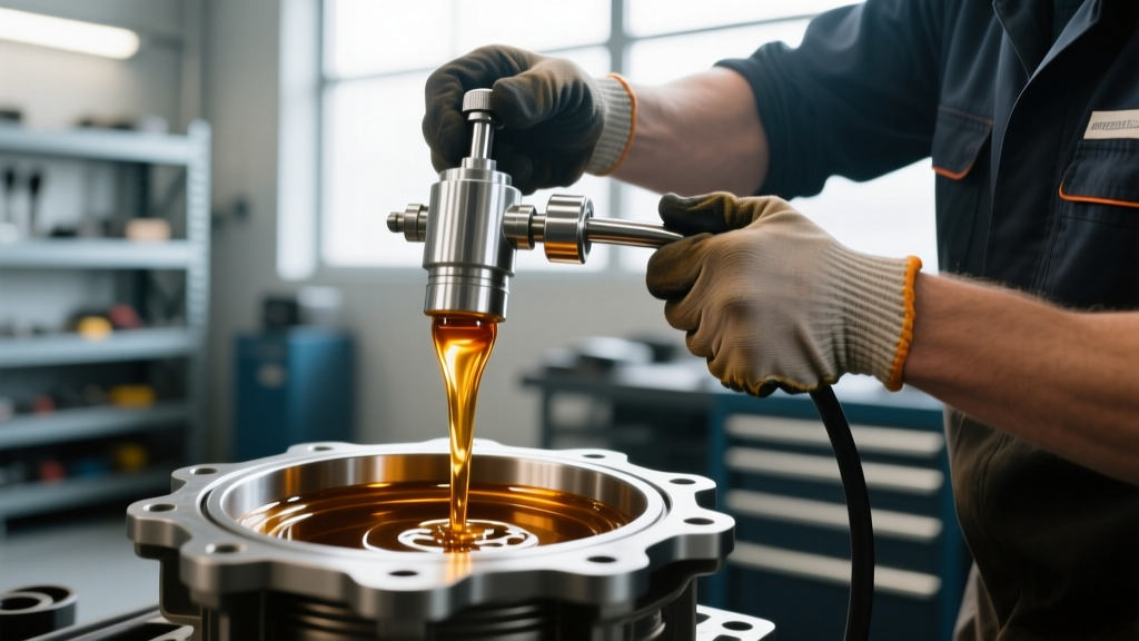 Close-up of a mechanic using a fluid transfer pump to fill a front differential with 75W-90 synthetic gear oil