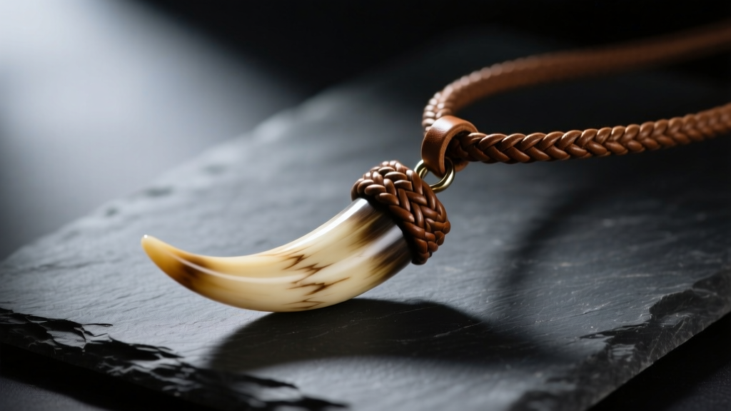 Polished wild boar tusk pendant on a thick braided leather cord, photographed on dark slate with moody, directional lighting.