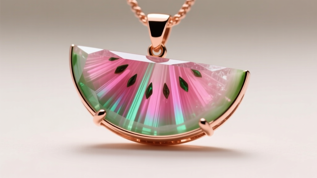 Macro photography of a watermelon tourmaline slice pendant set in 14k rose gold, highlighting the vivid pink and green zoning