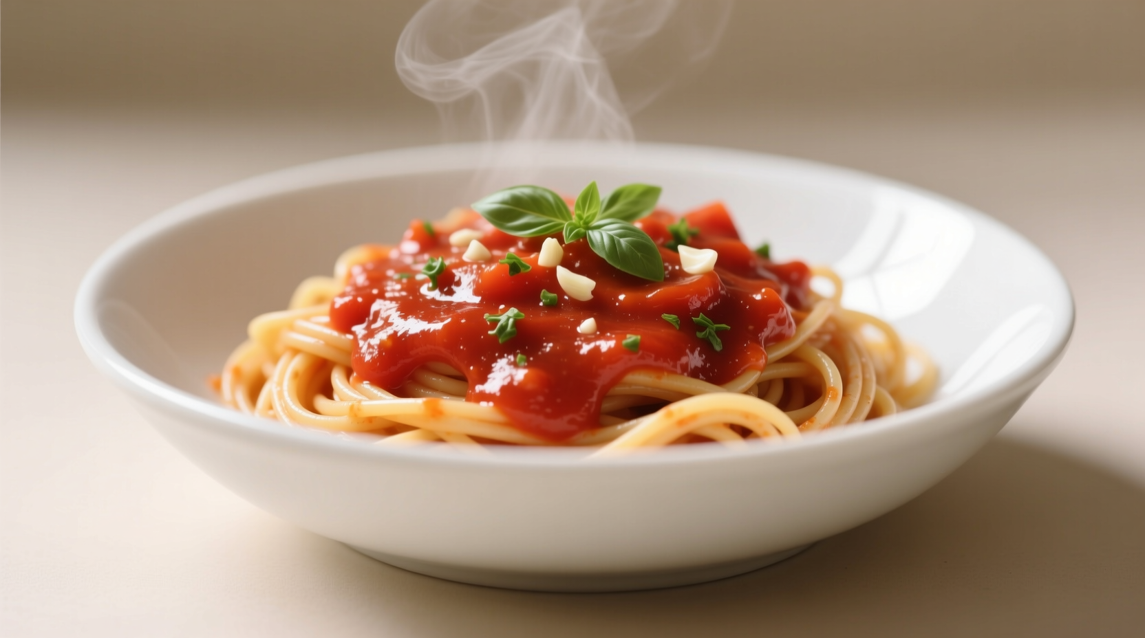 Simple pasta with fresh tomato sauce in white bowl