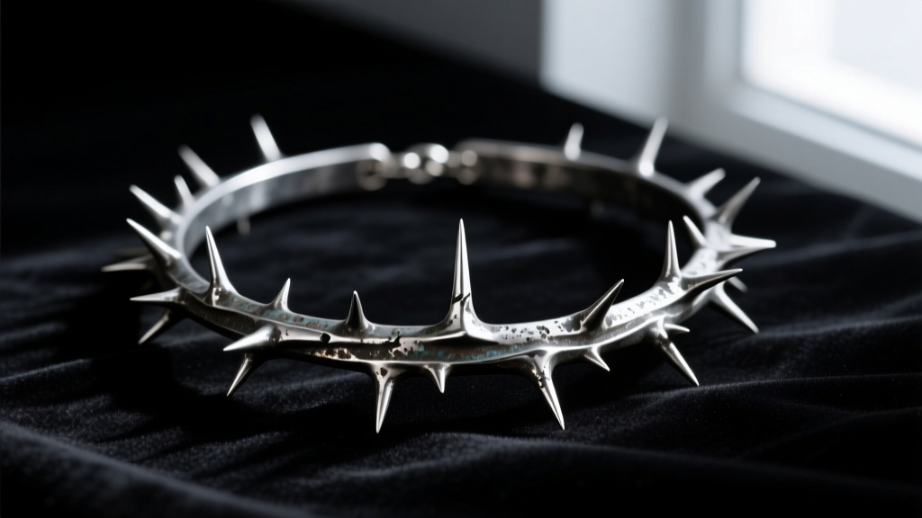 Oxidized sterling silver thorn collar necklace on dark velvet, dramatic lighting highlighting sharp botanical spikes