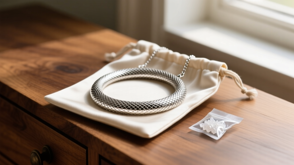 Coiled 925 silver phiton necklace stored in an anti-tarnish cloth pouch beside a silica gel packet on a wooden dresser