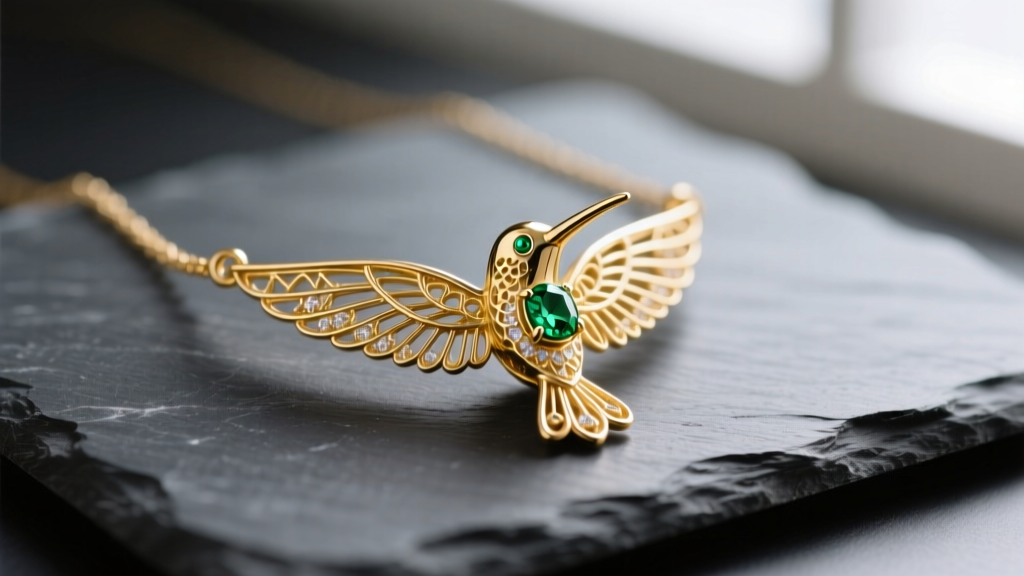 A 14k yellow gold hummingbird necklace on dark slate, showing intricate filigree wings and a tiny emerald eye gemstone.