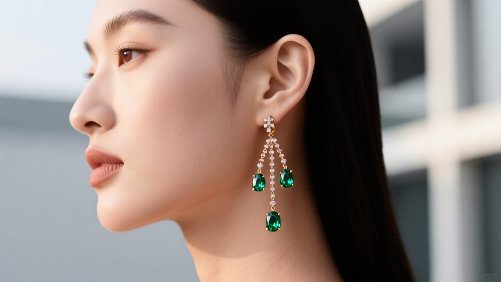 Side profile of a model wearing an asymmetric 18k rose gold chandelier earring with traceable emerald drops, blurred background