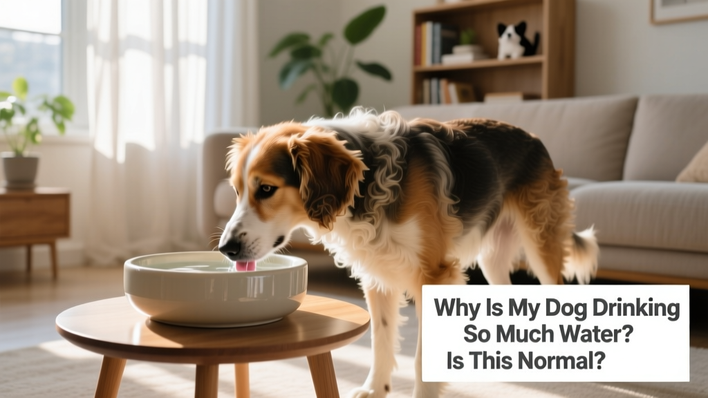 A dog drinking from a clean, elevated ceramic water bowl in a sunlit living room