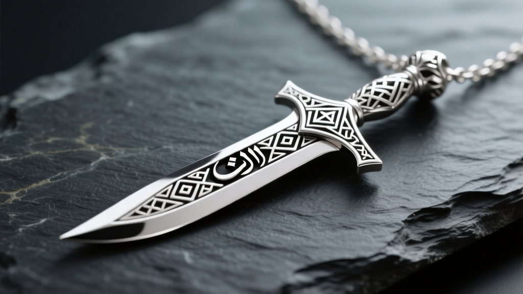 Close-up of a polished 925 sterling silver Imam Ali sword necklace with a bifurcated Zulfiqar blade resting on dark slate.