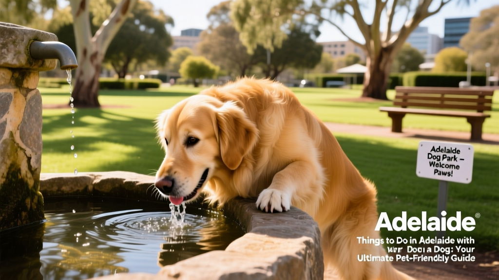 A happy dog drinking water at a well-maintained, shaded dog park in Adelaide
