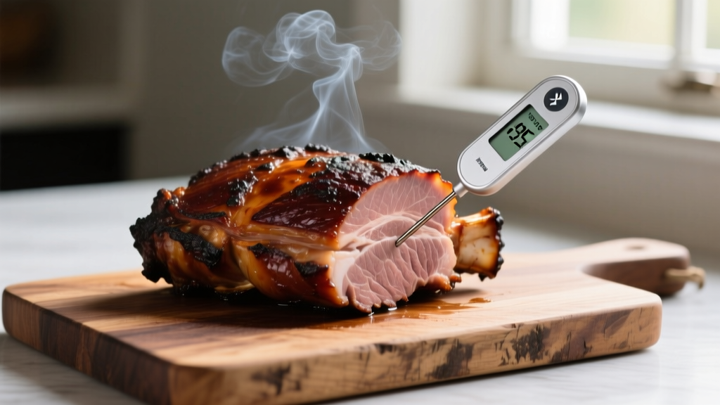 Smoked pork shoulder resting on a wooden cutting board with a wireless Bluetooth meat thermometer probe inserted in the thickest part