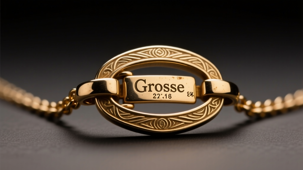 Macro shot of a vintage Grosse necklace clasp showing the engraved hallmark and date stamp under bright, warm jewelry lighting.
