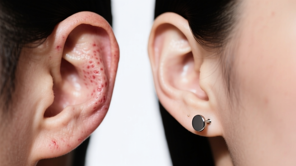 Macro shot of an irritated earlobe with a cheap earring next to a healthy ear wearing a titanium flat-back stud in soft light.
