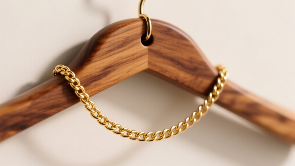 Close-up of a sealed walnut necklace hanger holding a delicate 18k gold rope chain, showcasing smooth non-porous wood grain.