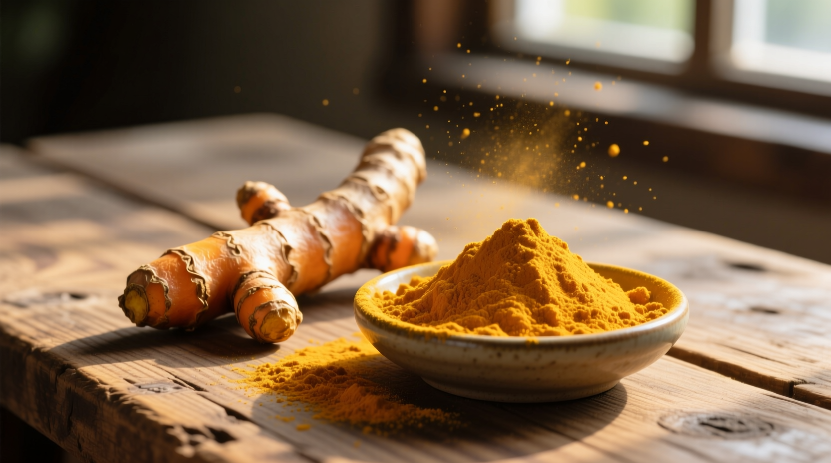 Golden turmeric root and powder on wooden surface