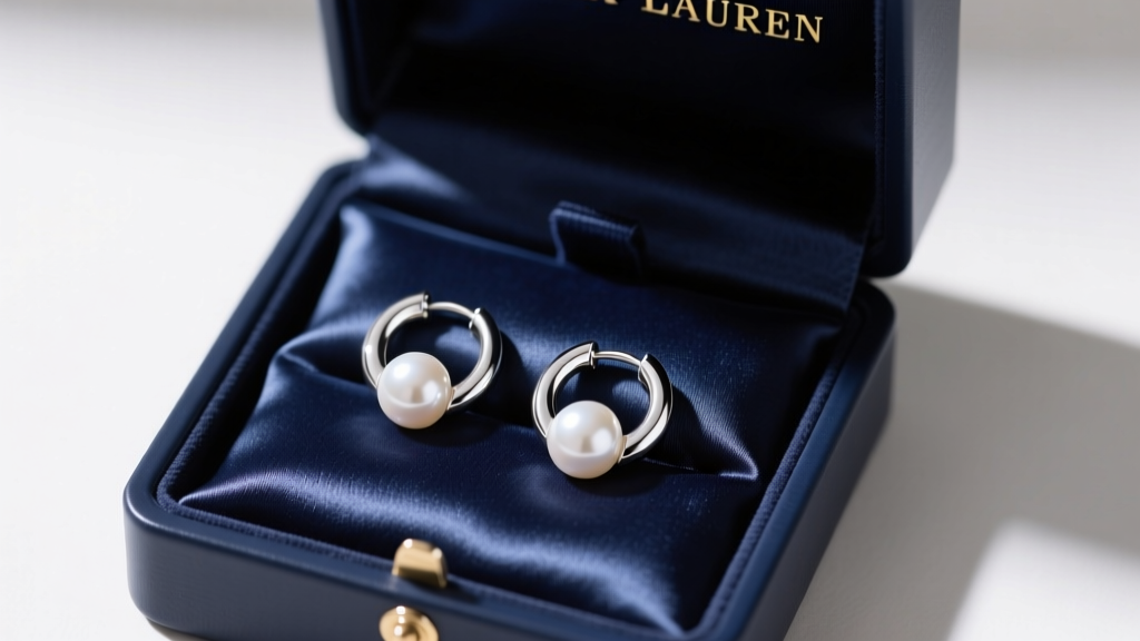 Overhead view of open navy Ralph Lauren jewelry box revealing silver-tone pearl huggie earrings resting on plush satin lining