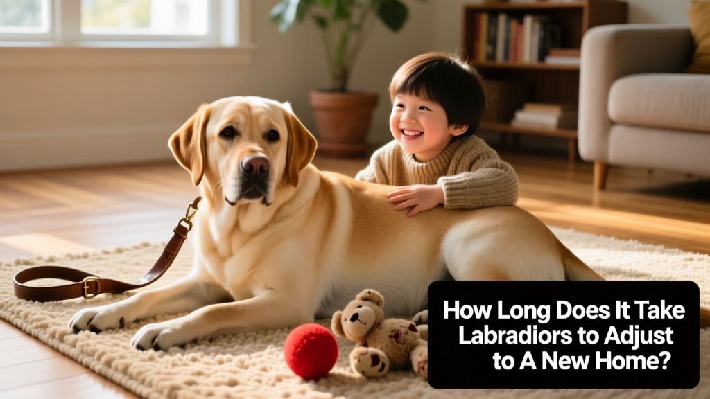 A relaxed Labrador Retriever lying beside a child on a rug, both smiling, with a leash and toy nearby