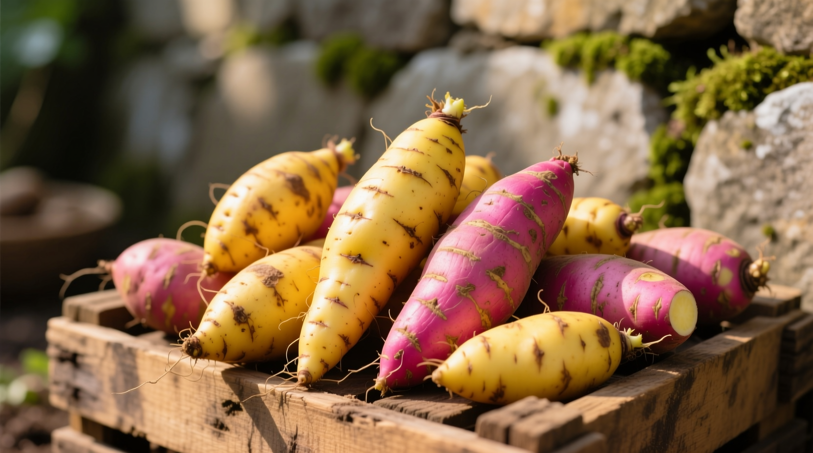 Oca tubers showing vibrant yellow and pink varieties