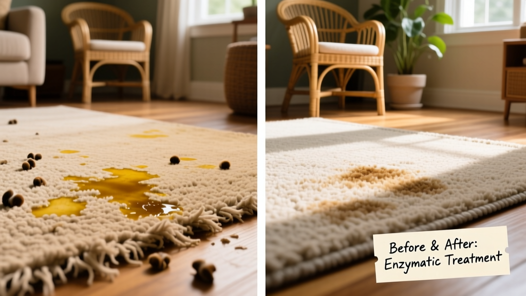 Side-by-side comparison showing stained carpet before and after enzymatic treatment