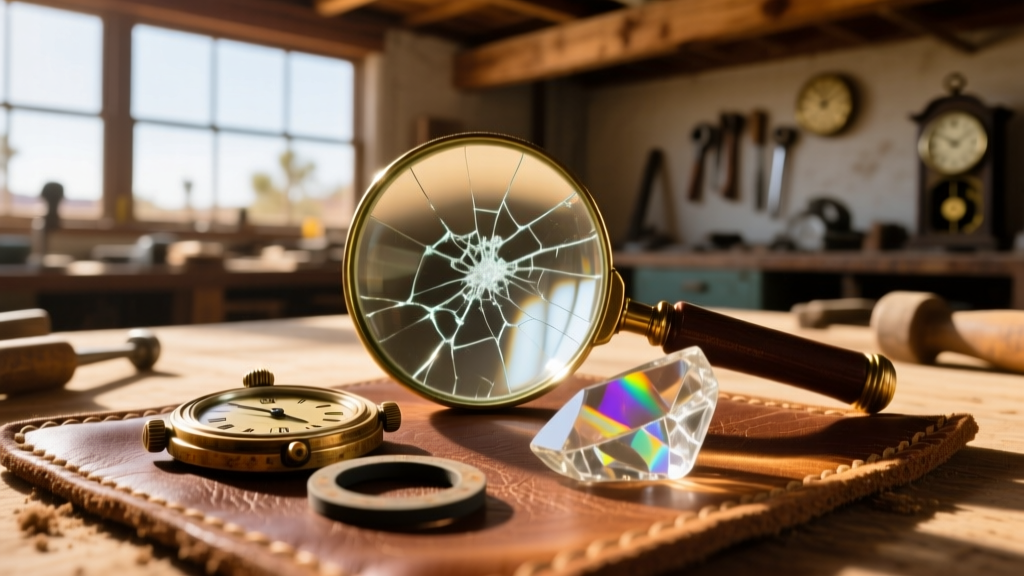 Loupe inspecting a dried vintage watch gasket and cracked acrylic crystal on a leather mat in a bright, sunlit Scottsdale workshop