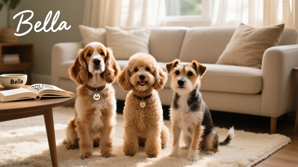 A group of charming female dogs—spaniel, poodle, and terrier mix—posing together on a cozy living room rug