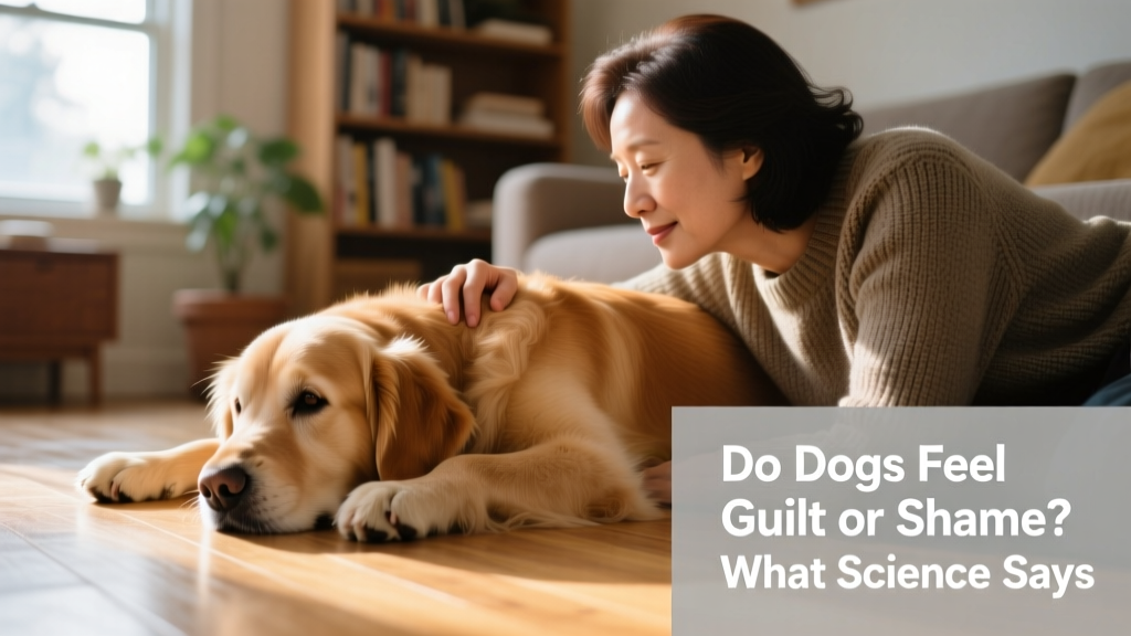 A calm, relaxed dog resting beside their owner on the floor, making gentle eye contact