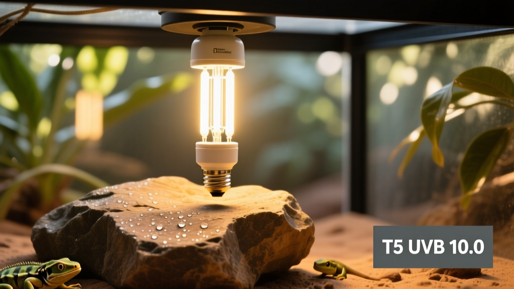 Close-up of a T5 UVB bulb installed in a terrarium hood above a basking rock