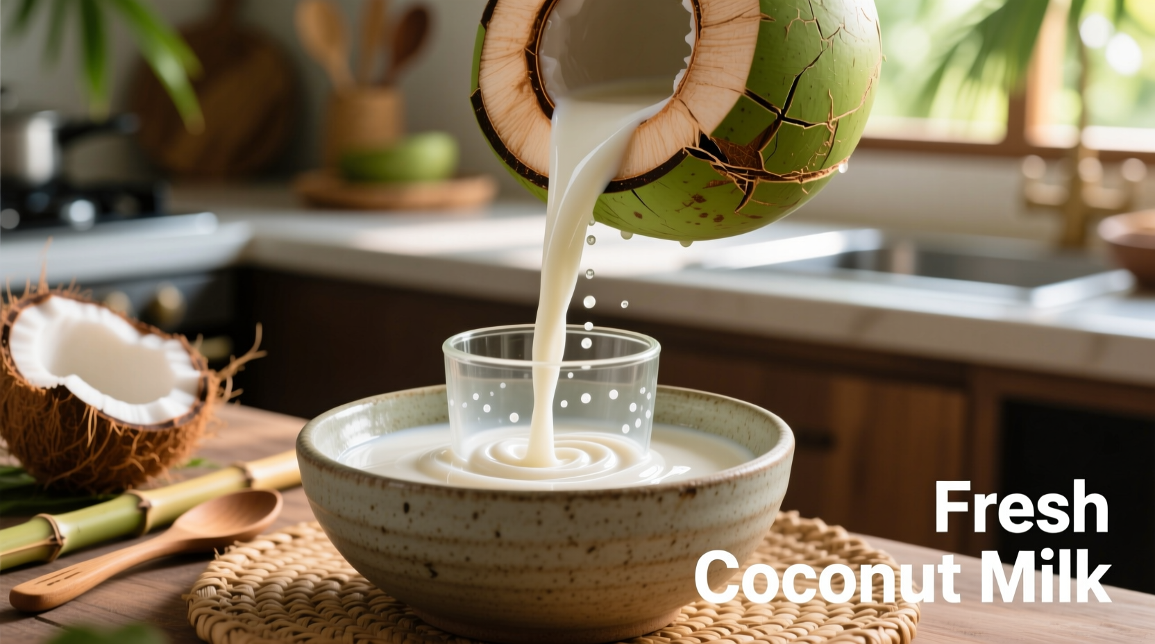 Fresh coconut milk being poured into a glass bowl
