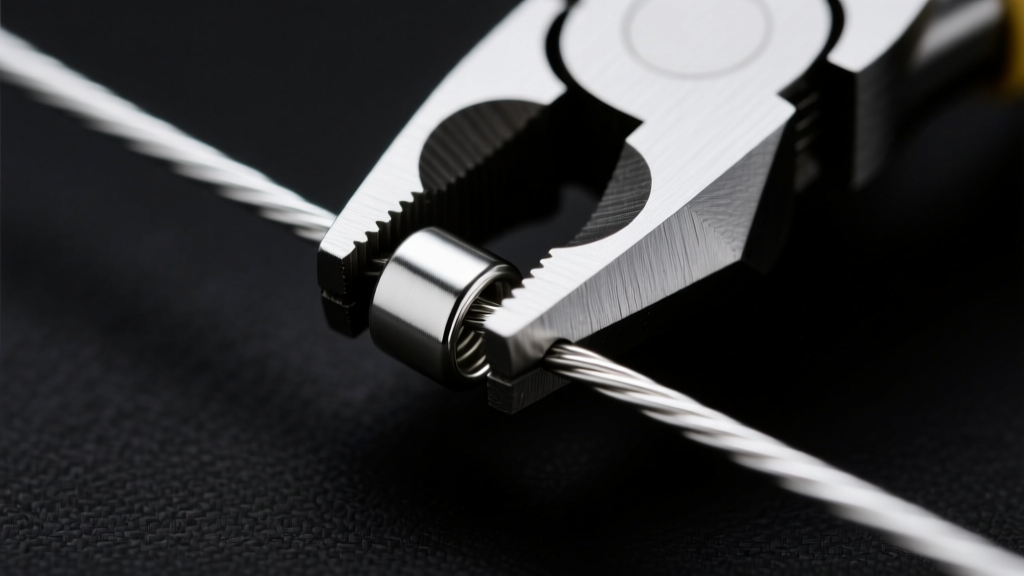 Close-up of metal crimping pliers squeezing a 2x2mm sterling silver crimp tube onto a thin steel beading wire against a dark mat
