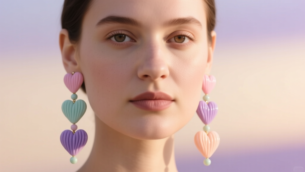 Woman with a round face wearing long polymer clay heart beaded drop earrings against a softly blurred pastel background.