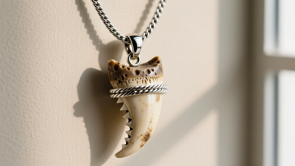 A thick 3mm sterling silver rope chain threaded through a heavy fossilized shark tooth pendant, showcasing the secure lobster clasp