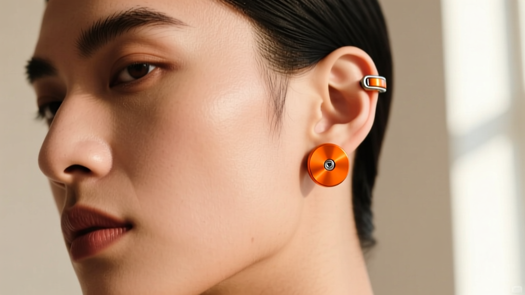 Helix piercing wearing a 16g PVD coated titanium huggie hoop in vivid tangerine orange finish with a seamless clicker closure