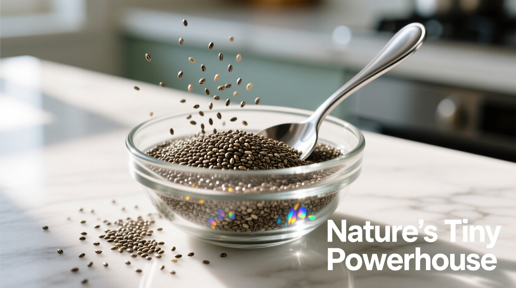 Chia seeds in glass bowl with spoon
