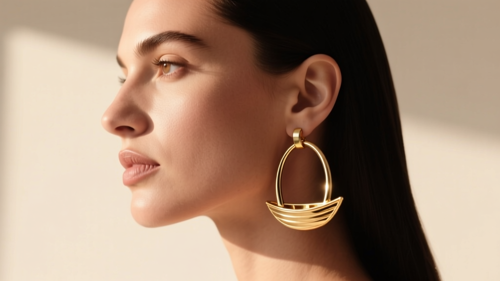 Side profile of a woman with a square jawline wearing lightweight gold boat-shaped Sumerian hoop earrings in warm natural sunlight